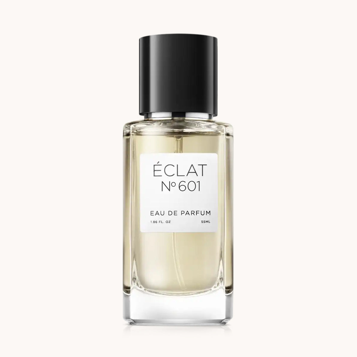 Flacon of the men’s perfume dupe ÉCLAT No. 601 RAR, an elegant transparent glass bottle with a black cylindrical magnetic cap and a minimalist white label. The label displays the brand name ÉCLAT, the number 601 RAR, and the phrase “Eau de Parfum”.