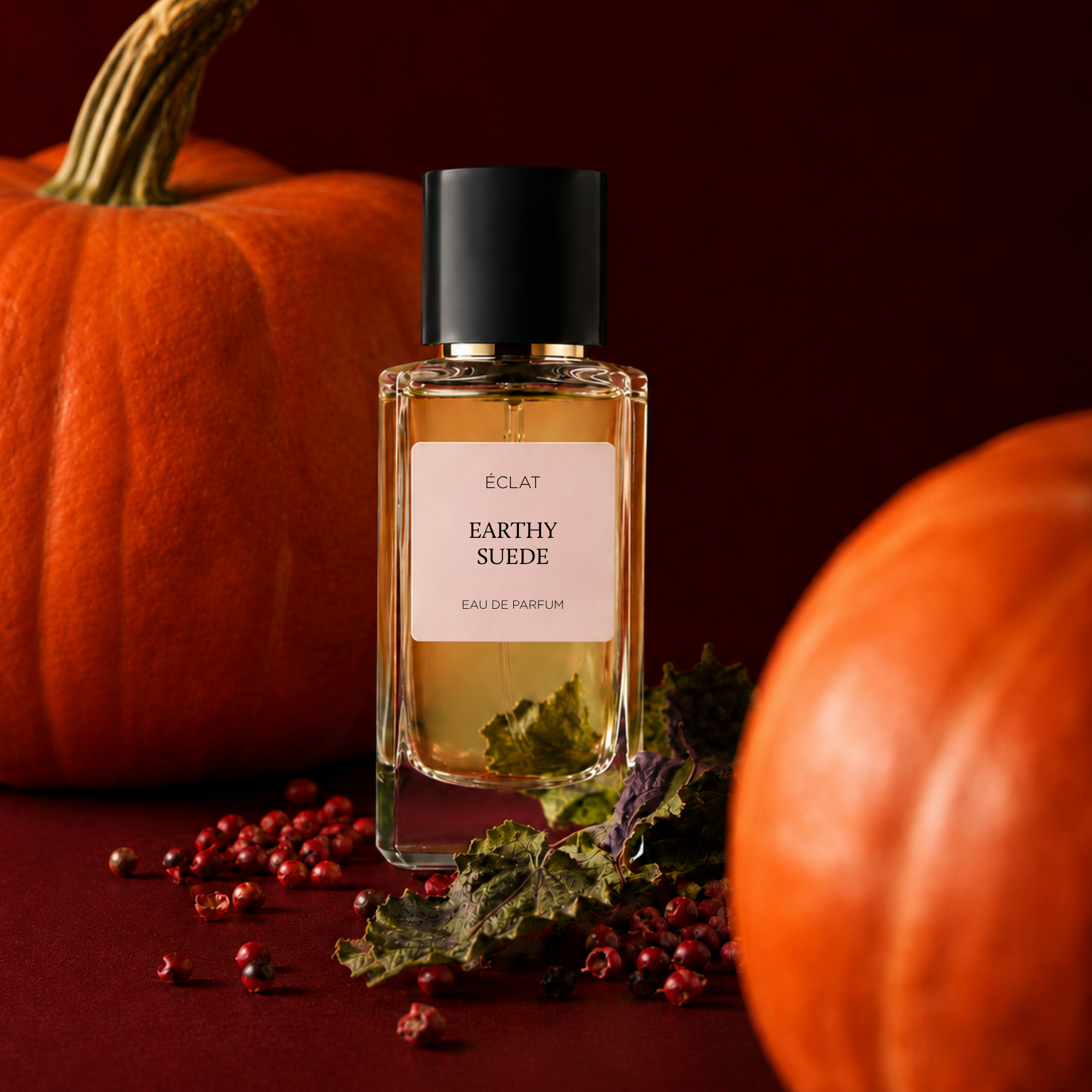 Flakon perfum ÉCLAT Earthy Suede z czarną nakrętką, otoczony dyniami i suszonymi liśćmi na głębokim czerwonym tle.