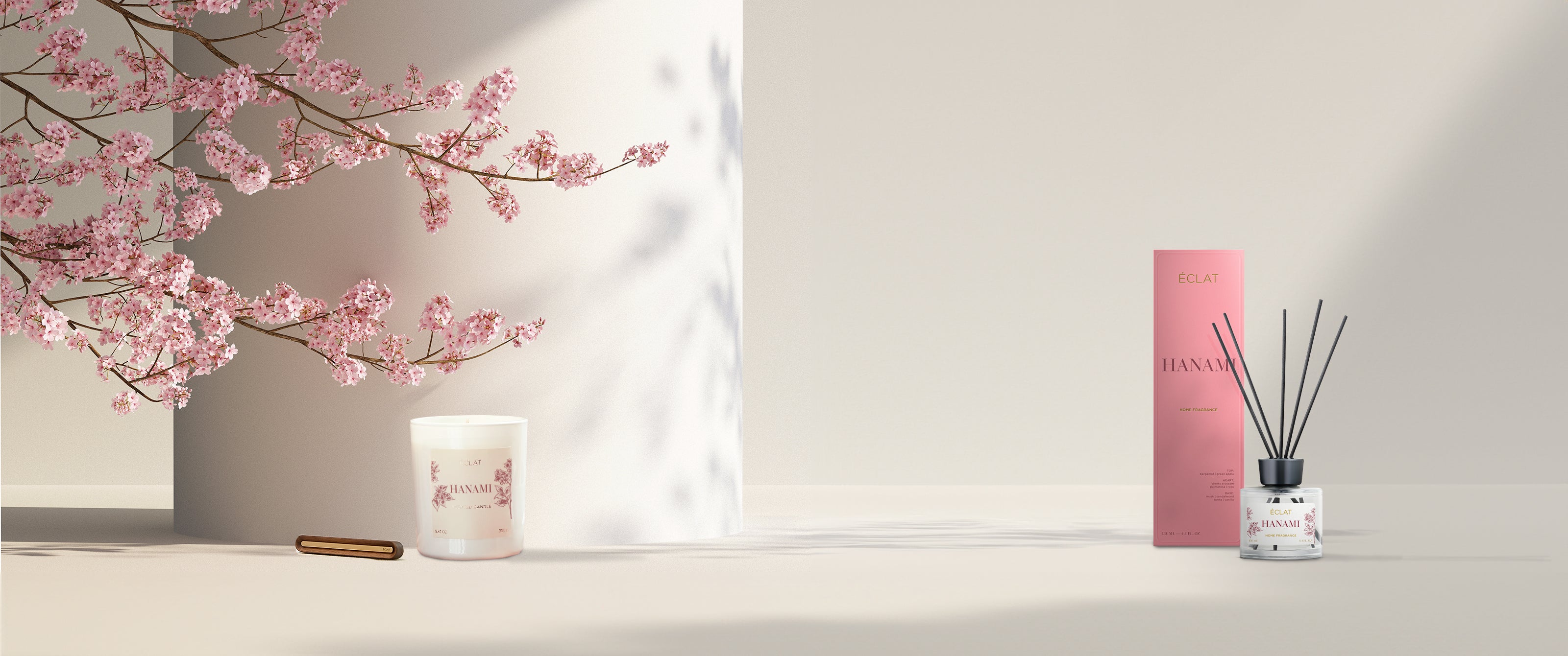 ÉCLAT Hanami scented candle, reed diffuser, and car fragrance with elegant cherry blossom design.