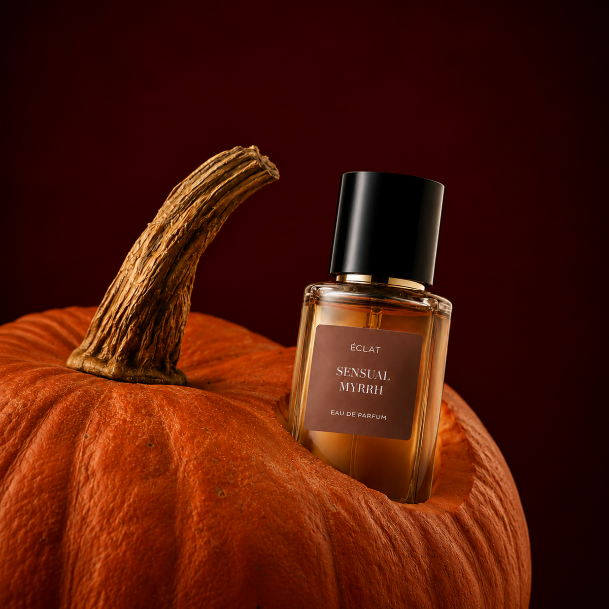 Flakon perfum ÉCLAT Sensual Myrrh jest elegancko umieszczony w rzeźbionej dyni na tle głębokiej czerwieni.