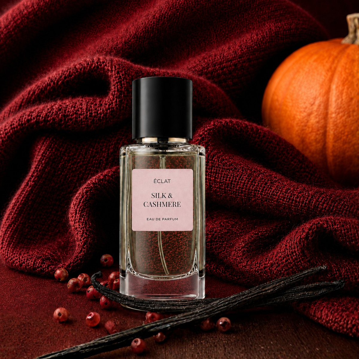 Fasetowana szklana butelka ÉCLAT Silk & Cashmere z czarną nakrętką, na tle ciemnoczerwonego materiału, otoczona laskami wanilii, jagodami i dynią.
