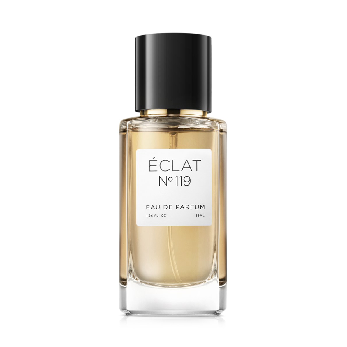 Flacon of the women's perfume dupe ÉCLAT No. 119, an elegant transparent glass bottle with a black cylindrical magnetic cap and a white label. The label features the brand name ÉCLAT, the number 119, and the words “Eau de Parfum”.