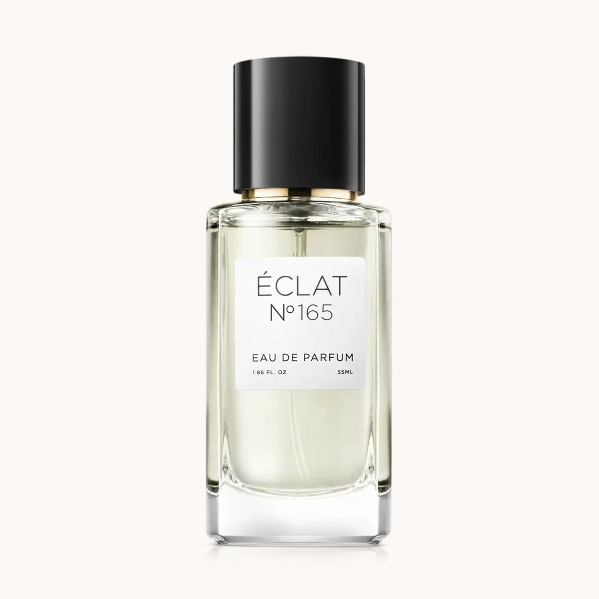 Flacon of the women's fragrance dupe ÉCLAT No. 165, an elegant transparent glass bottle with a black cylindrical magnetic cap and a white label. The label features the brand name ÉCLAT, the number 165, and the words “Eau de Parfum”.