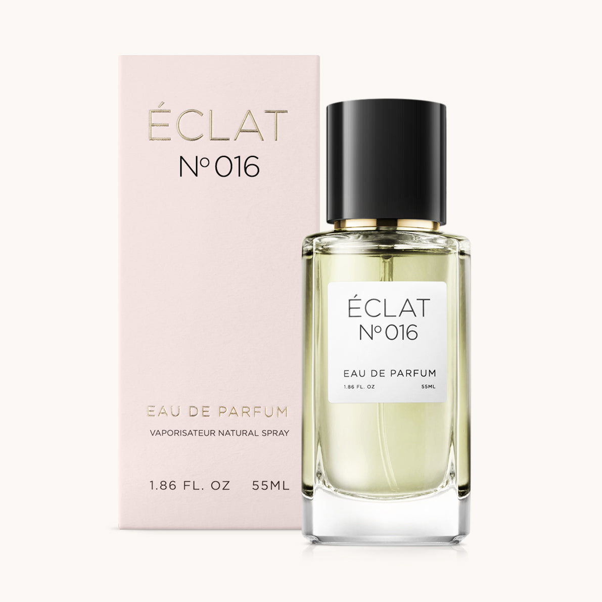 ÉCLAT No. 016 perfume bottle with matching light pink packaging. The elegant glass flacon features a black cylindrical magnetic cap and a simple white label with the inscription ÉCLAT No. 016 and “Eau de Parfum”.