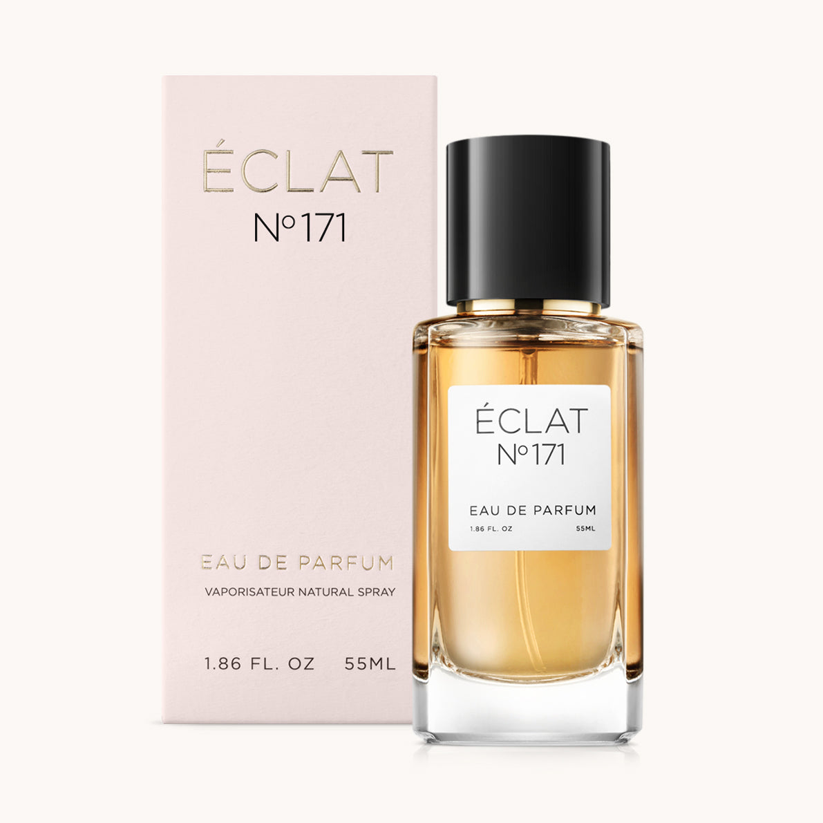 ÉCLAT No. 171 perfume bottle with matching light pink packaging. The elegant glass flacon features a black cylindrical magnetic cap and a simple white label with the inscription ÉCLAT No. 171 and “Eau de Parfum”.