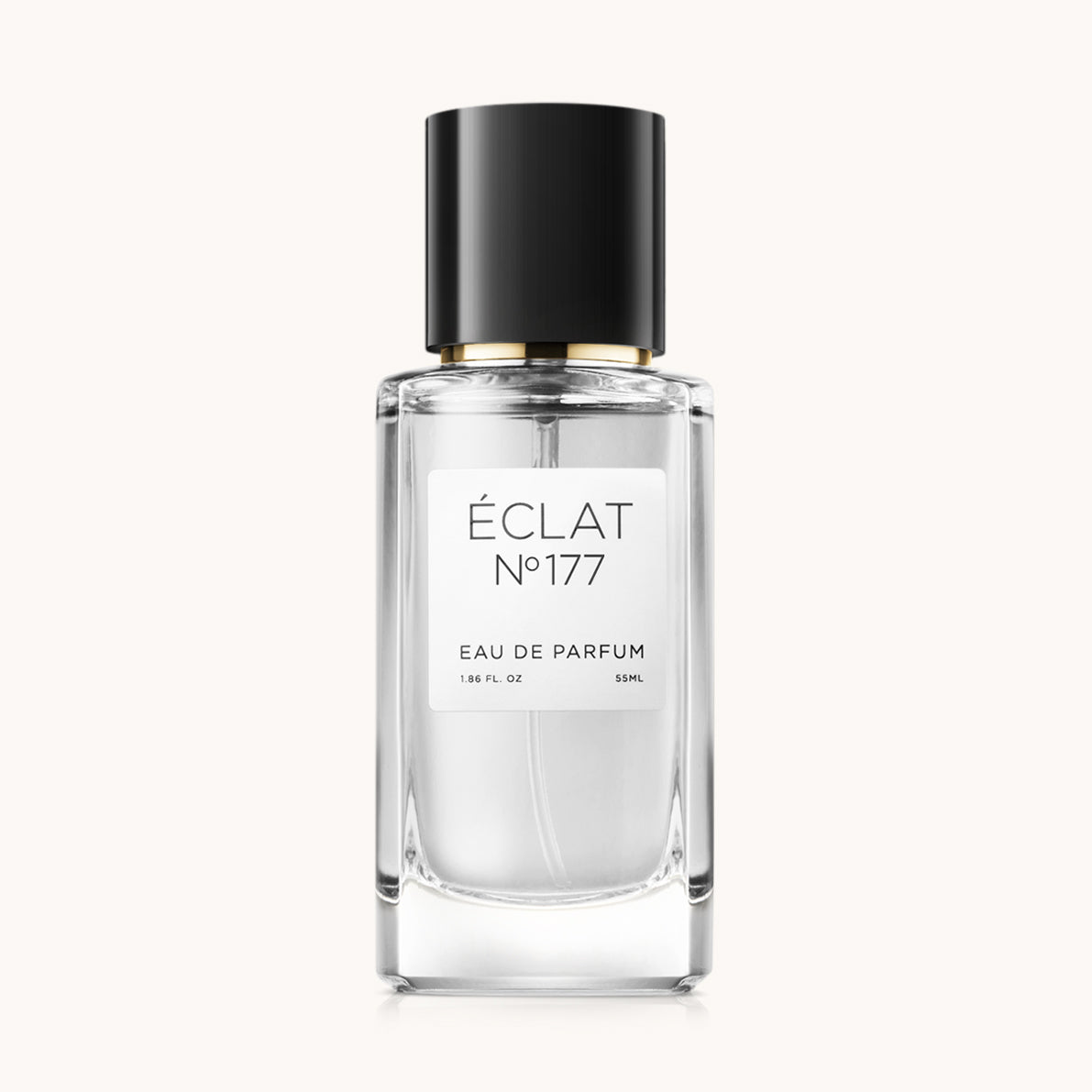Flacon of the women's perfume dupe ÉCLAT No. 177, an elegant transparent glass bottle with a black cylindrical magnetic cap and a white label. The label features the brand name ÉCLAT, the number 177, and the words “Eau de Parfum”.