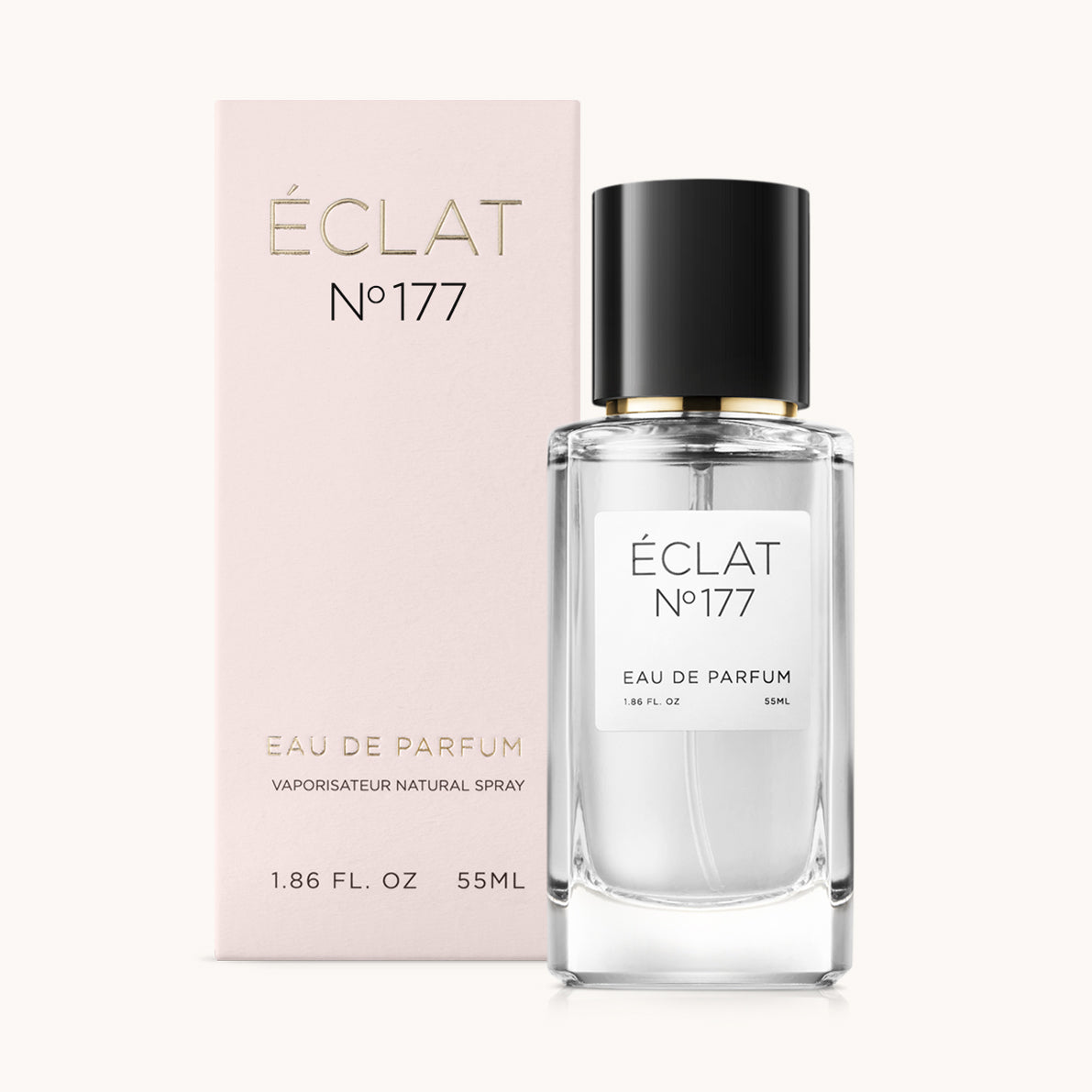 ÉCLAT No. 177 perfume bottle with matching light pink packaging. The elegant glass flacon features a black cylindrical magnetic cap and a simple white label with the inscription ÉCLAT No. 177 and “Eau de Parfum”.