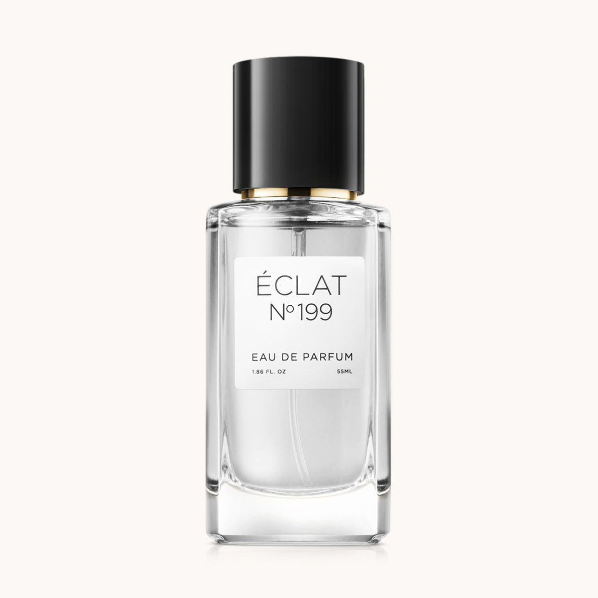 Flacon of the women's perfume dupe ÉCLAT No. 199, an elegant transparent glass bottle with a black cylindrical magnetic cap and a white label. The label features the brand name ÉCLAT, the number 199, and the words “Eau de Parfum”.