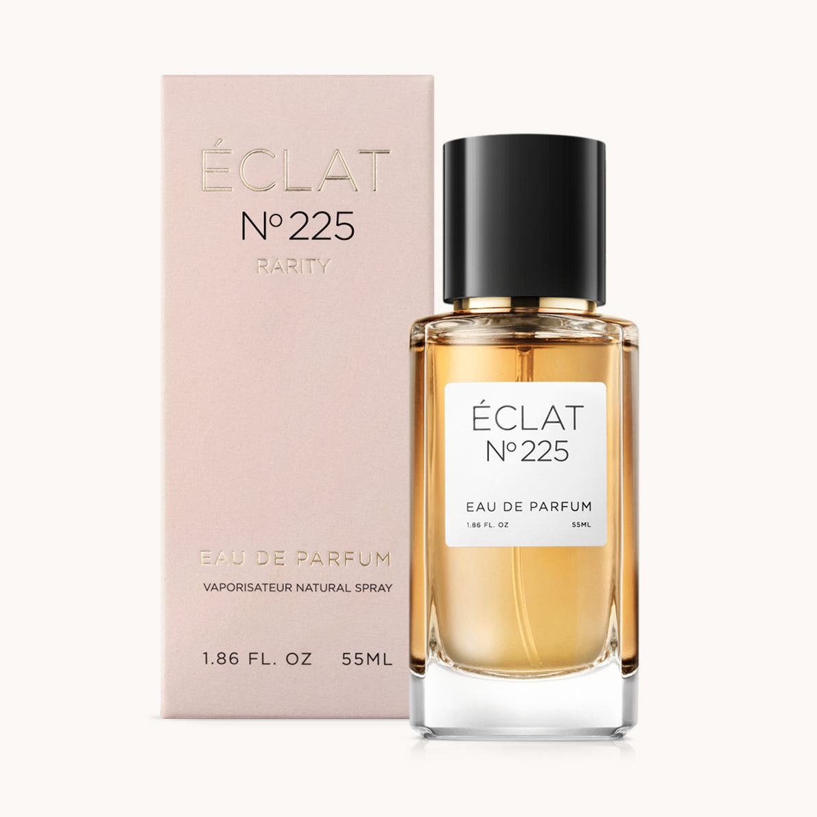 ÉCLAT No. 225 RAR perfume bottle with matching pink packaging. The elegant glass flacon features a black cylindrical magnetic cap and a simple white label with the inscription ÉCLAT No. 225 RAR and “Eau de Parfum”.