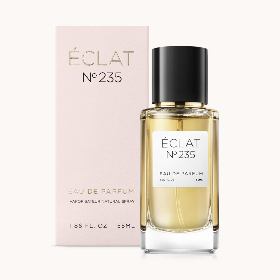 ÉCLAT No. 235 perfume bottle with matching light pink packaging. The elegant glass flacon features a black cylindrical magnetic cap and a simple white label with the inscription ÉCLAT No. 235 and “Eau de Parfum”.