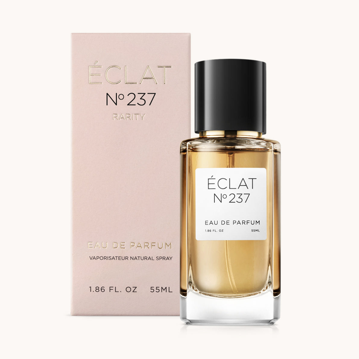 ÉCLAT No. 237 RAR perfume bottle with matching pink packaging. The elegant glass flacon features a black cylindrical magnetic cap and a simple white label with the inscription ÉCLAT No. 237 RAR and “Eau de Parfum”.