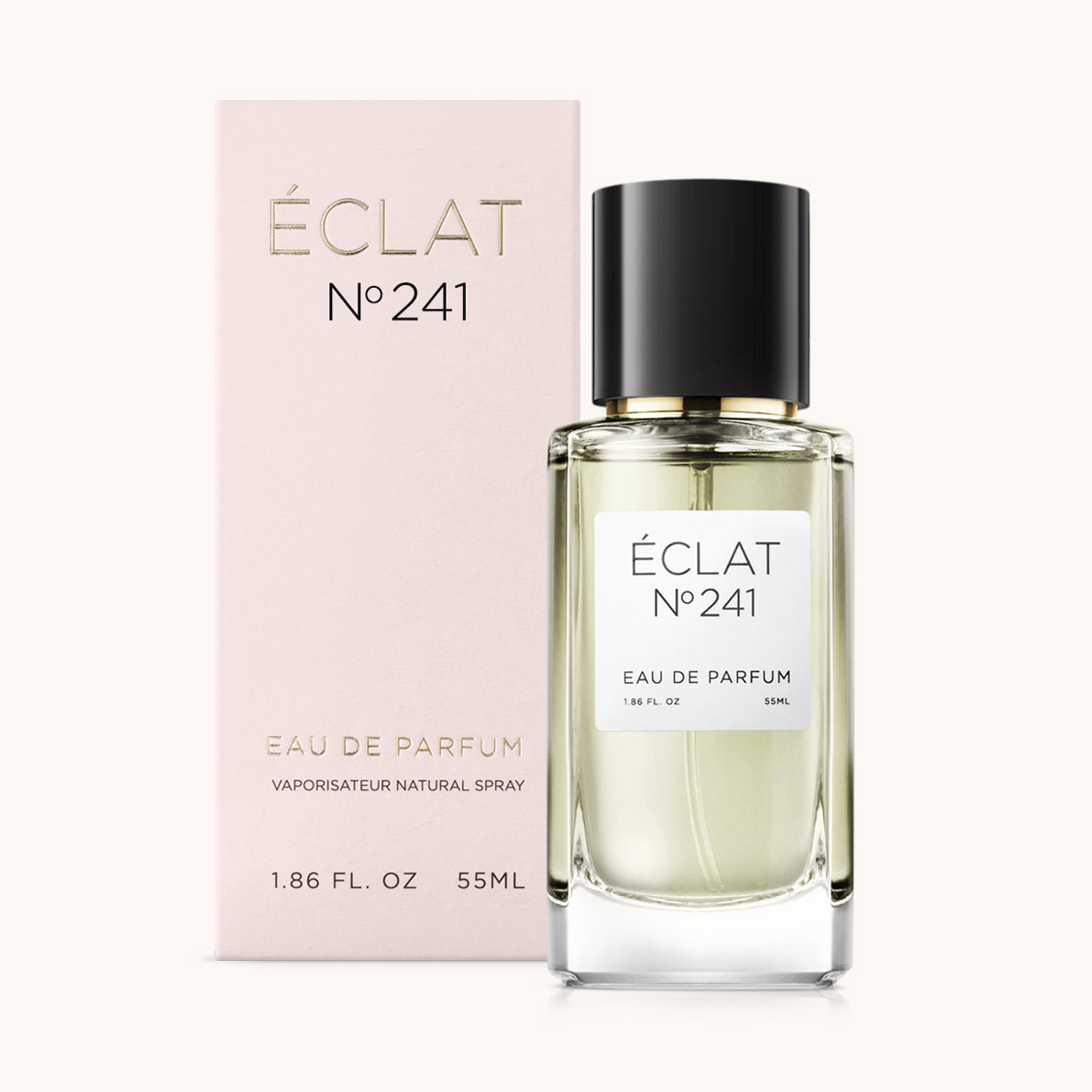 ÉCLAT No. 241 perfume bottle with matching light pink packaging. The elegant glass flacon features a black cylindrical magnetic cap and a simple white label with the inscription ÉCLAT No. 241 and “Eau de Parfum”.