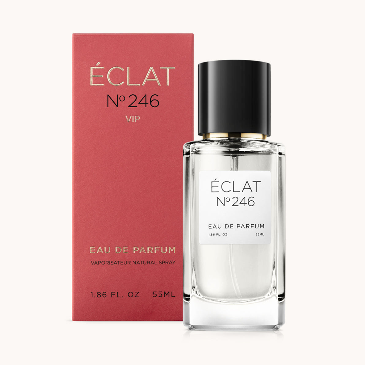 ÉCLAT No. 246 VIP perfume bottle with matching red packaging. The elegant glass flacon features a black cylindrical magnetic cap and a simple white label with the inscription ÉCLAT No. 246 VIP and “Eau de Parfum”.