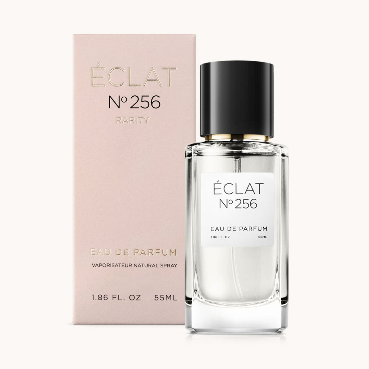 ÉCLAT No. 256 RAR perfume bottle with matching pink packaging. The elegant glass flacon features a black cylindrical magnetic cap and a simple white label with the inscription ÉCLAT No. 256 RAR and “Eau de Parfum”.
