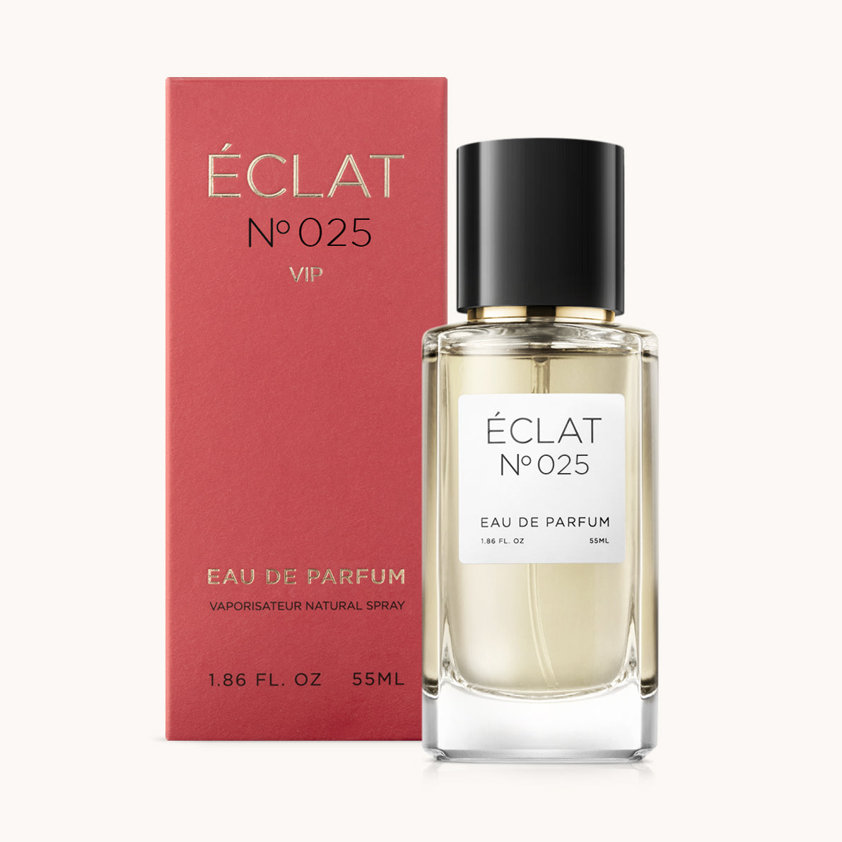 ÉCLAT No. 025 VIP fragrance bottle with matching red packaging. The elegant glass flacon features a black cylindrical magnetic cap and a simple white label with the inscription ÉCLAT No. 025 VIP and “Eau de Parfum”.