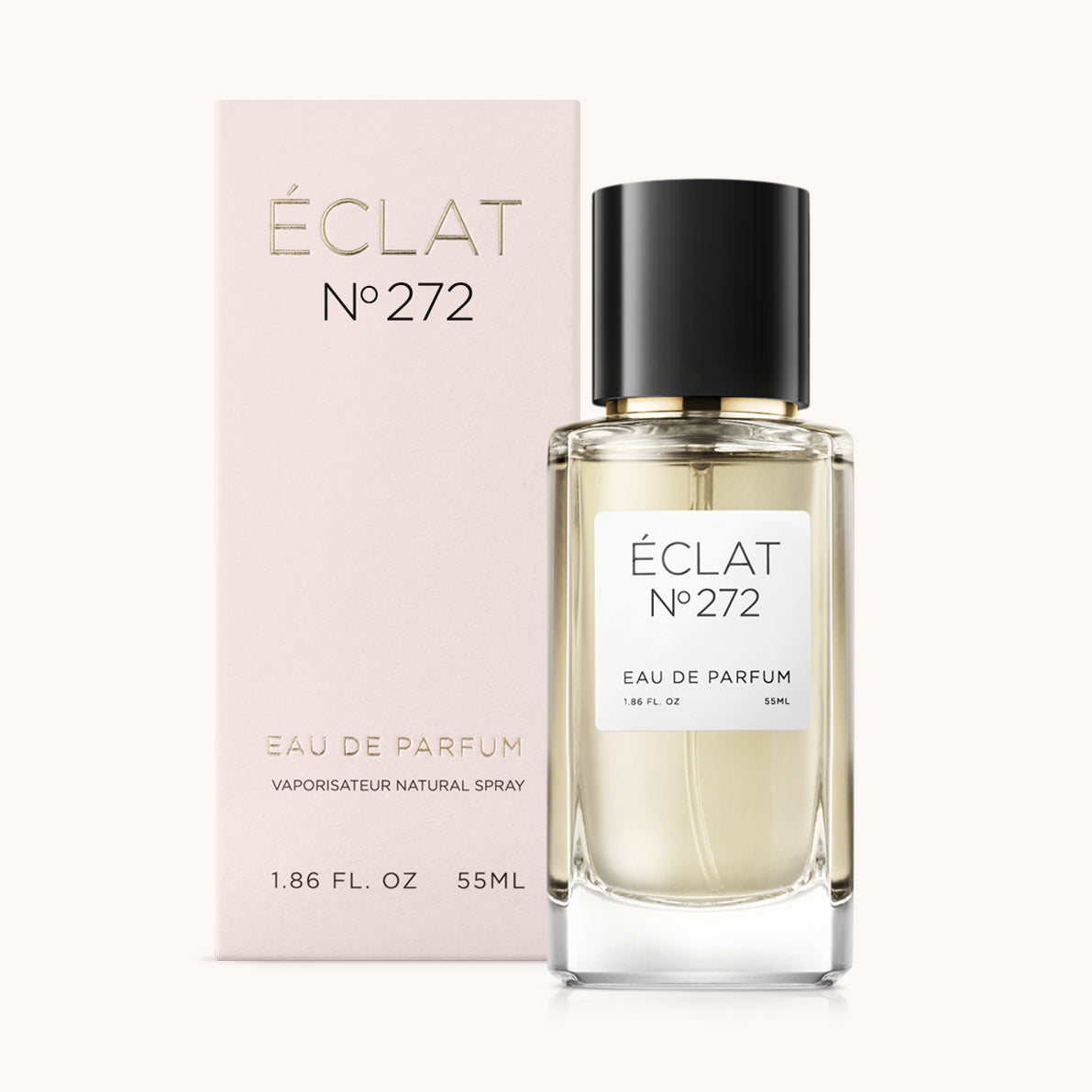 ÉCLAT No. 272 perfume bottle with matching light pink packaging. The elegant glass flacon features a black cylindrical magnetic cap and a simple white label with the inscription ÉCLAT No. 272 and “Eau de Parfum”.