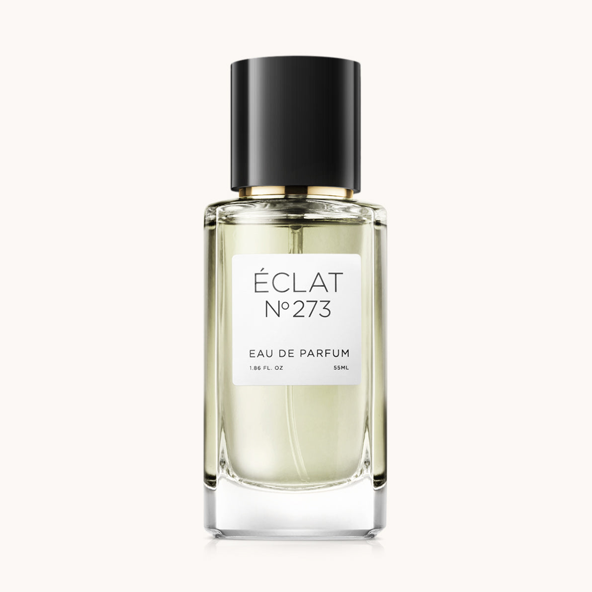 Flacon of the women's perfume dupe ÉCLAT No. 273, an elegant transparent glass bottle with a black cylindrical magnetic cap and a white label. The label features the brand name ÉCLAT, the number 273, and the words “Eau de Parfum”.