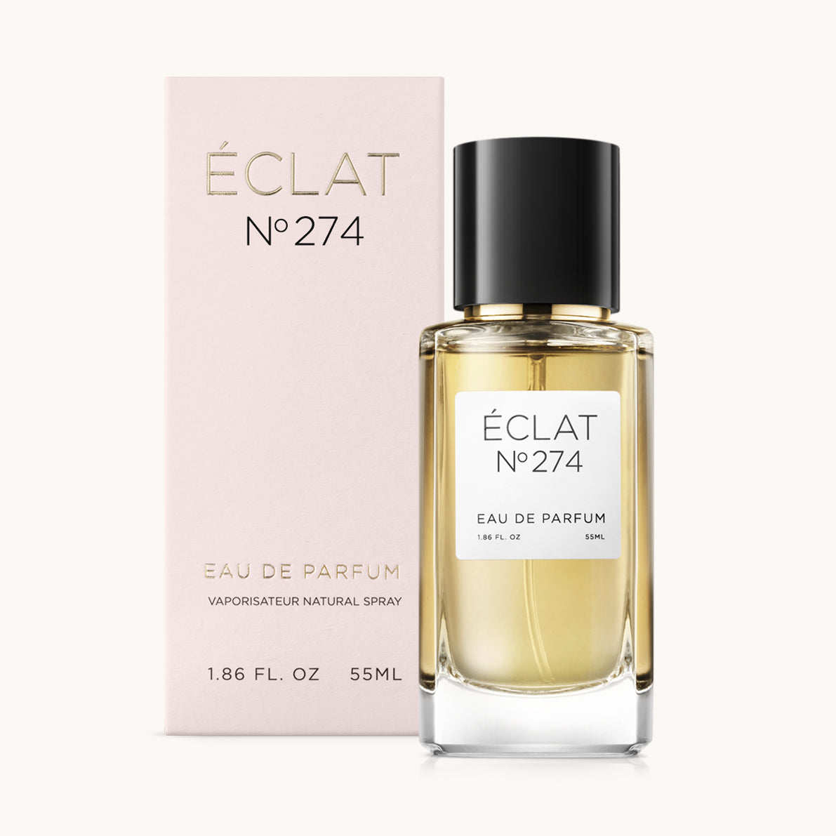 ÉCLAT No. 274 perfume bottle with matching light pink packaging. The elegant glass flacon features a black cylindrical magnetic cap and a simple white label with the inscription ÉCLAT No. 274 and “Eau de Parfum”.
