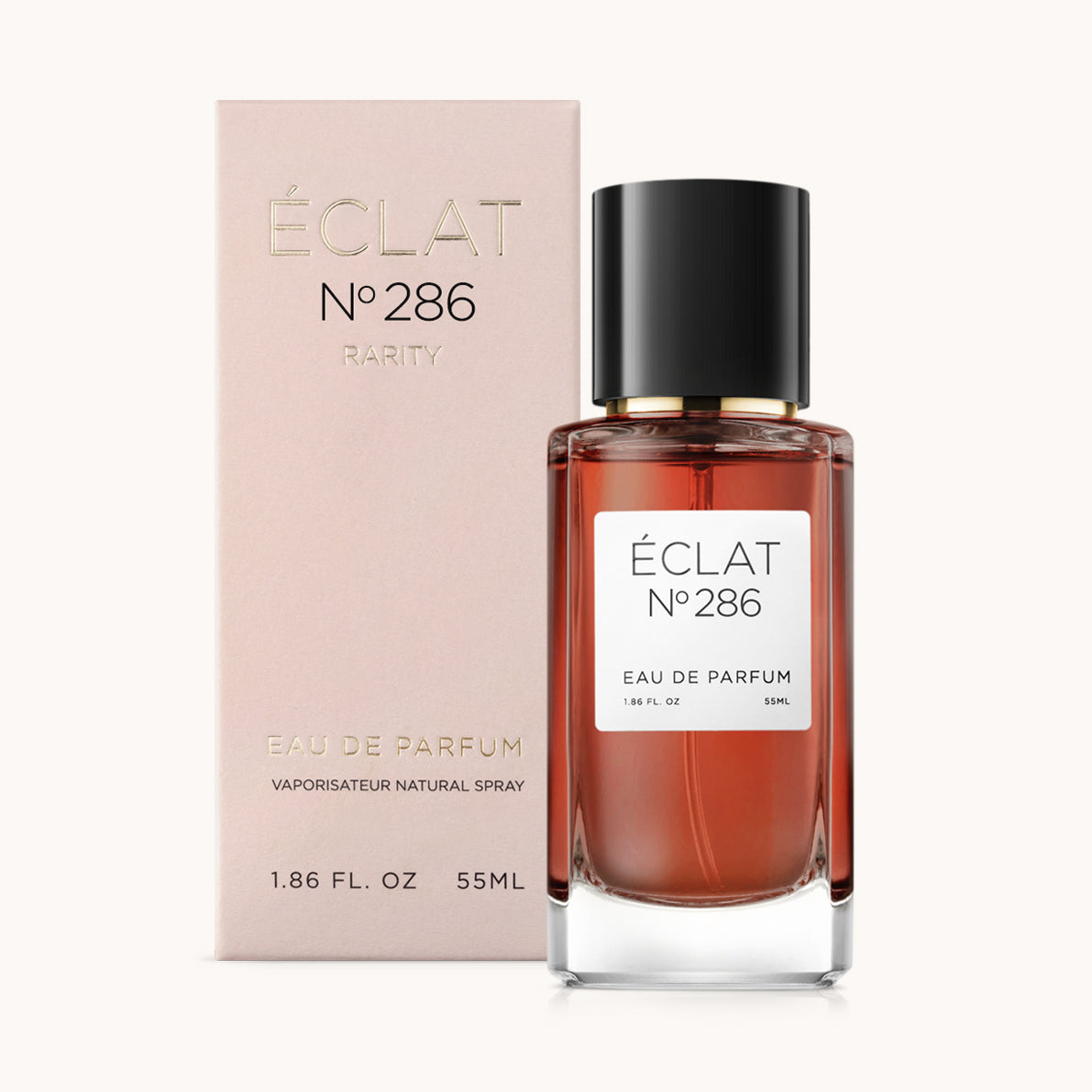 ÉCLAT No. 286 RAR perfume bottle with matching pink packaging. The elegant glass flacon features a black cylindrical magnetic cap and a simple white label with the inscription ÉCLAT No. 286 RAR and “Eau de Parfum”.