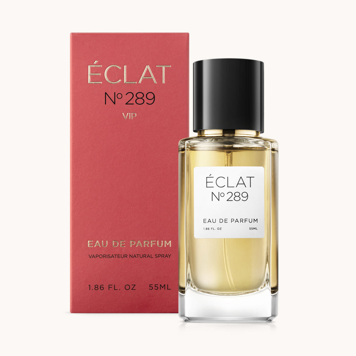 ÉCLAT No. 289 VIP perfume bottle with matching red packaging. The elegant glass flacon features a black cylindrical magnetic cap and a simple white label with the inscription ÉCLAT No. 289 VIP and “Eau de Parfum”.