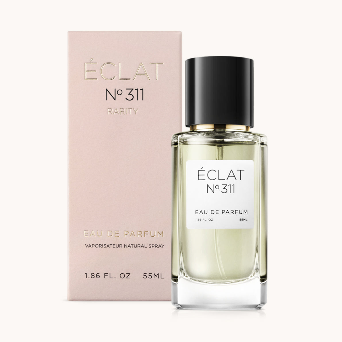 ÉCLAT No. 311 RAR perfume bottle with matching pink packaging. The elegant glass flacon features a black cylindrical magnetic cap and a simple white label with the inscription ÉCLAT No. 311 RAR and “Eau de Parfum”.