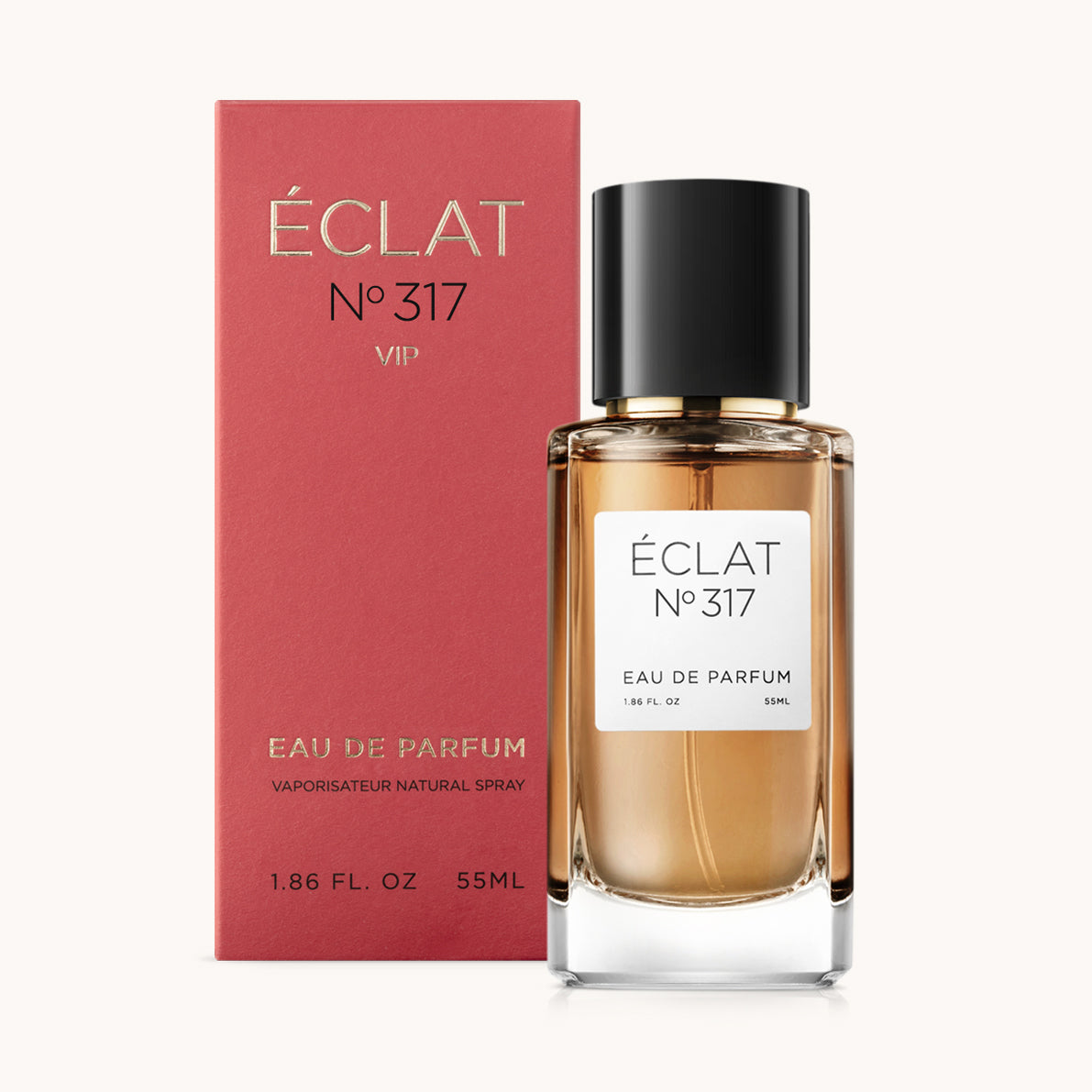 ÉCLAT No. 317 VIP/RAR perfume bottle with matching red packaging. The elegant glass flacon features a black cylindrical magnetic cap and a simple white label with the inscription ÉCLAT No. 317 VIP/RAR and “Eau de Parfum”.