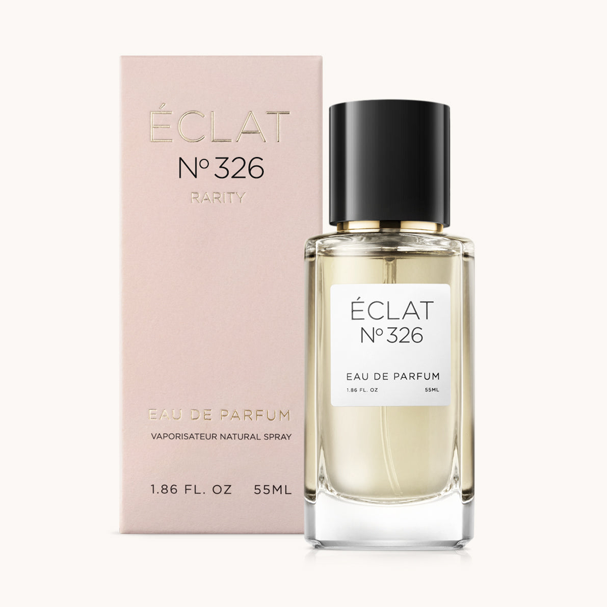 ÉCLAT No. 326 RAR perfume bottle with matching pink packaging. The elegant glass flacon features a black cylindrical magnetic cap and a simple white label with the inscription ÉCLAT No. 326 RAR and “Eau de Parfum”.