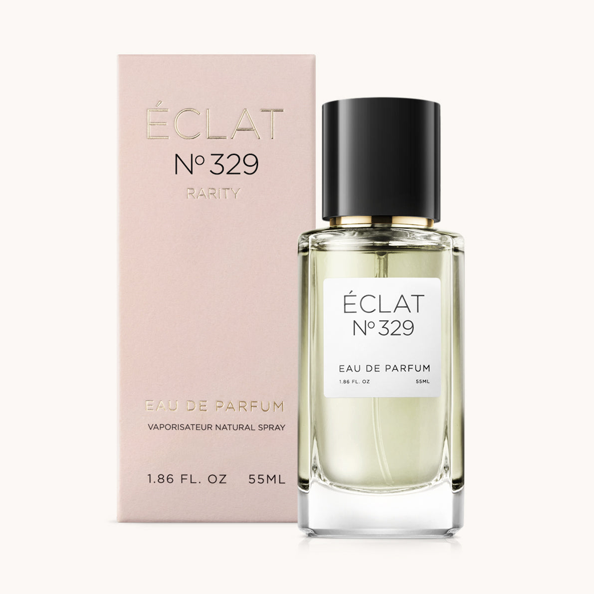 ÉCLAT No. 329 RAR perfume bottle with matching pink packaging. The elegant glass flacon features a black cylindrical magnetic cap and a simple white label with the inscription ÉCLAT No. 329 RAR and “Eau de Parfum”.