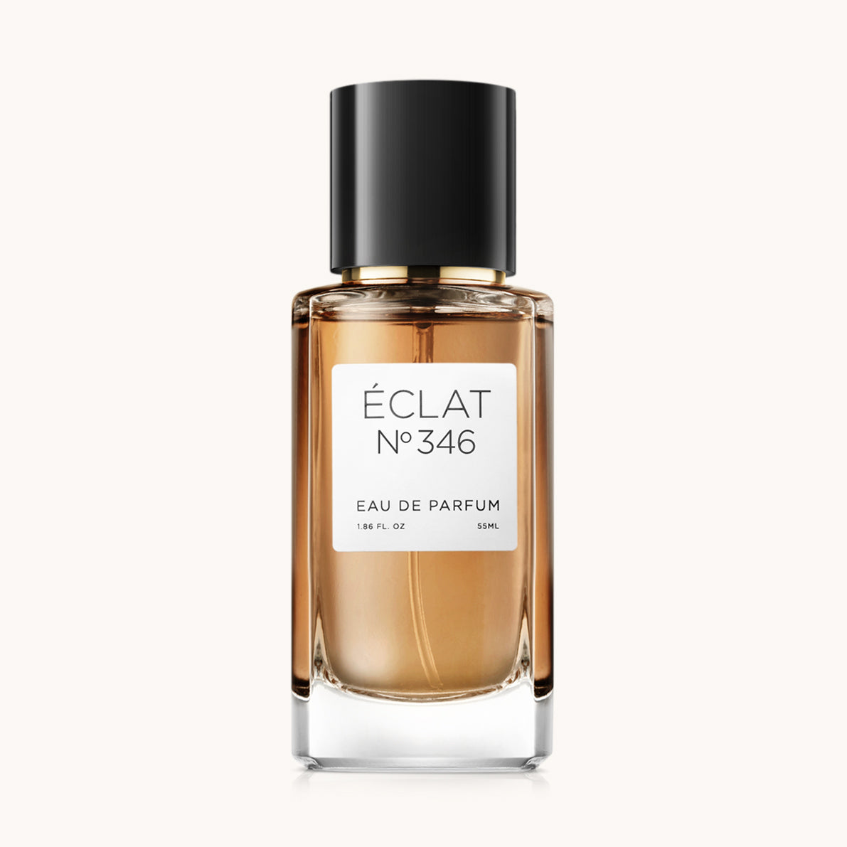 Flacon of the women's perfume dupe ÉCLAT No. 346, an elegant transparent glass bottle with a black cylindrical magnetic cap and a white label. The label features the brand name ÉCLAT, the number 346, and the words “Eau de Parfum”.