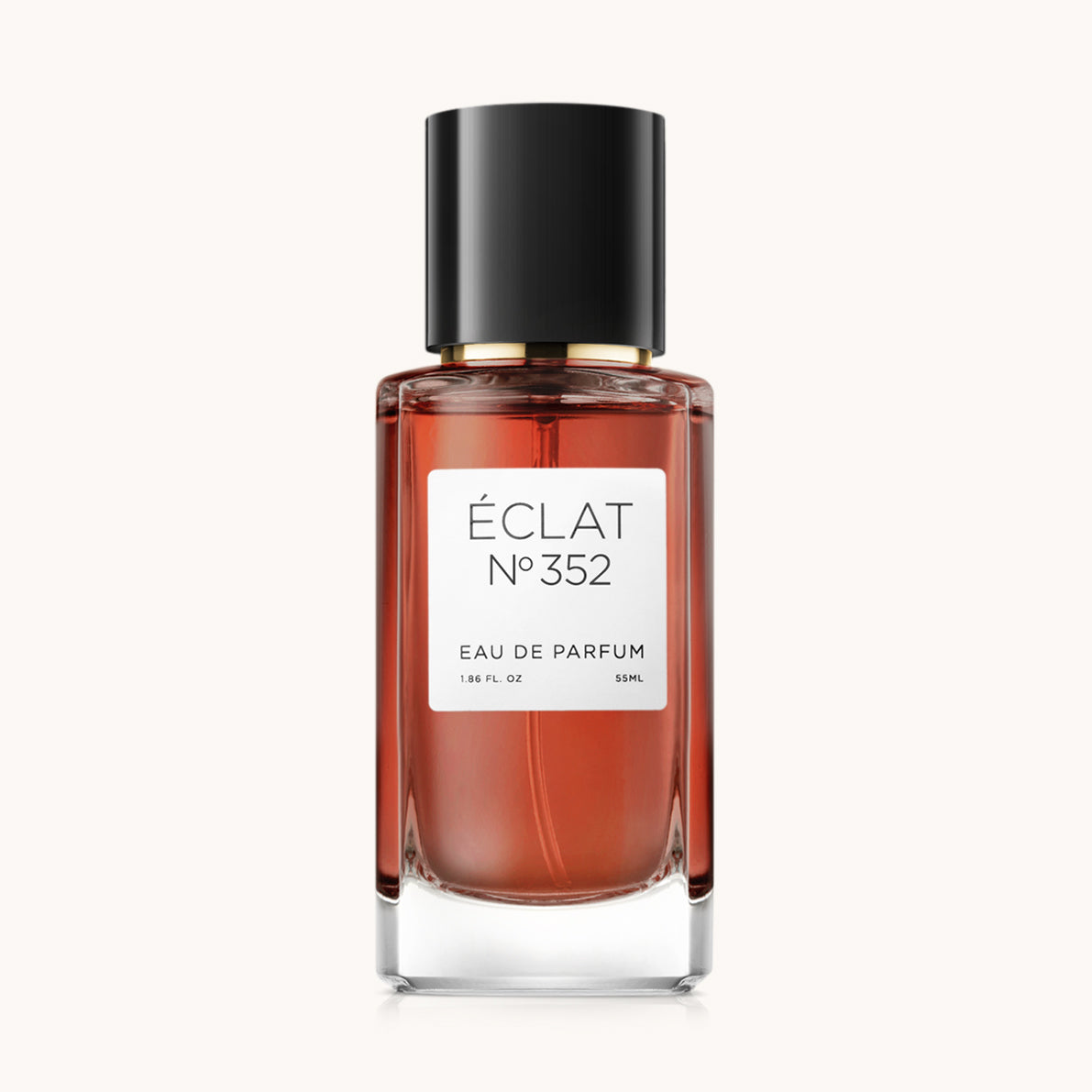 Flacon of the women's perfume dupe ÉCLAT No. 352 VIP, an elegant transparent glass bottle with a black cylindrical magnetic cap and a white label. The label features the brand name ÉCLAT, the number 352 VIP, and the words “Eau de Parfum”.