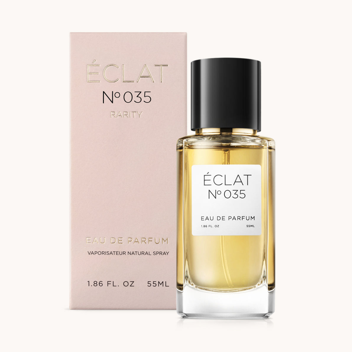 ÉCLAT No. 035 RAR perfume bottle with matching pink packaging. The elegant glass flacon features a black cylindrical magnetic cap and a simple white label with the inscription ÉCLAT No. 035 RAR and “Eau de Parfum”.