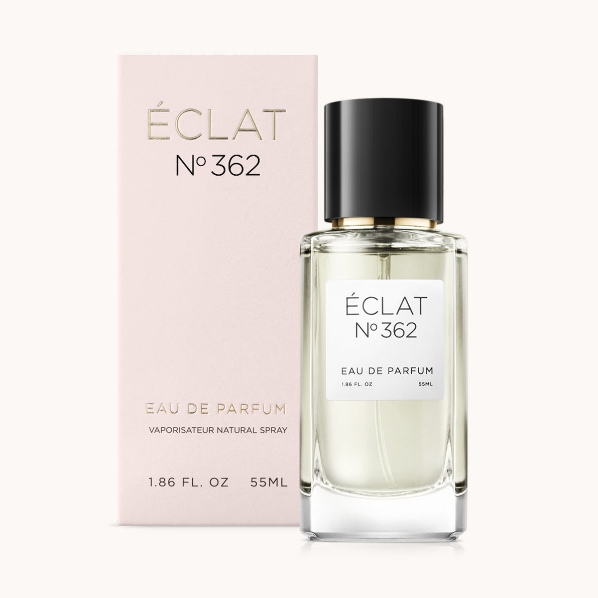 ÉCLAT No. 362 perfume bottle with matching light pink packaging. The elegant glass flacon features a black cylindrical magnetic cap and a simple white label with the inscription ÉCLAT No. 362 and “Eau de Parfum”.