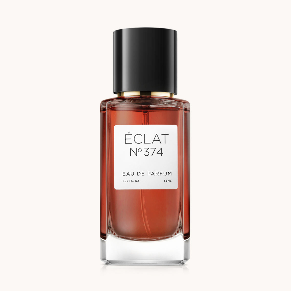 Flacon of the women's perfume dupe ÉCLAT No. 374, an elegant transparent glass bottle with a black cylindrical magnetic cap and a white label. The label features the brand name ÉCLAT, the number 374, and the words “Eau de Parfum”.