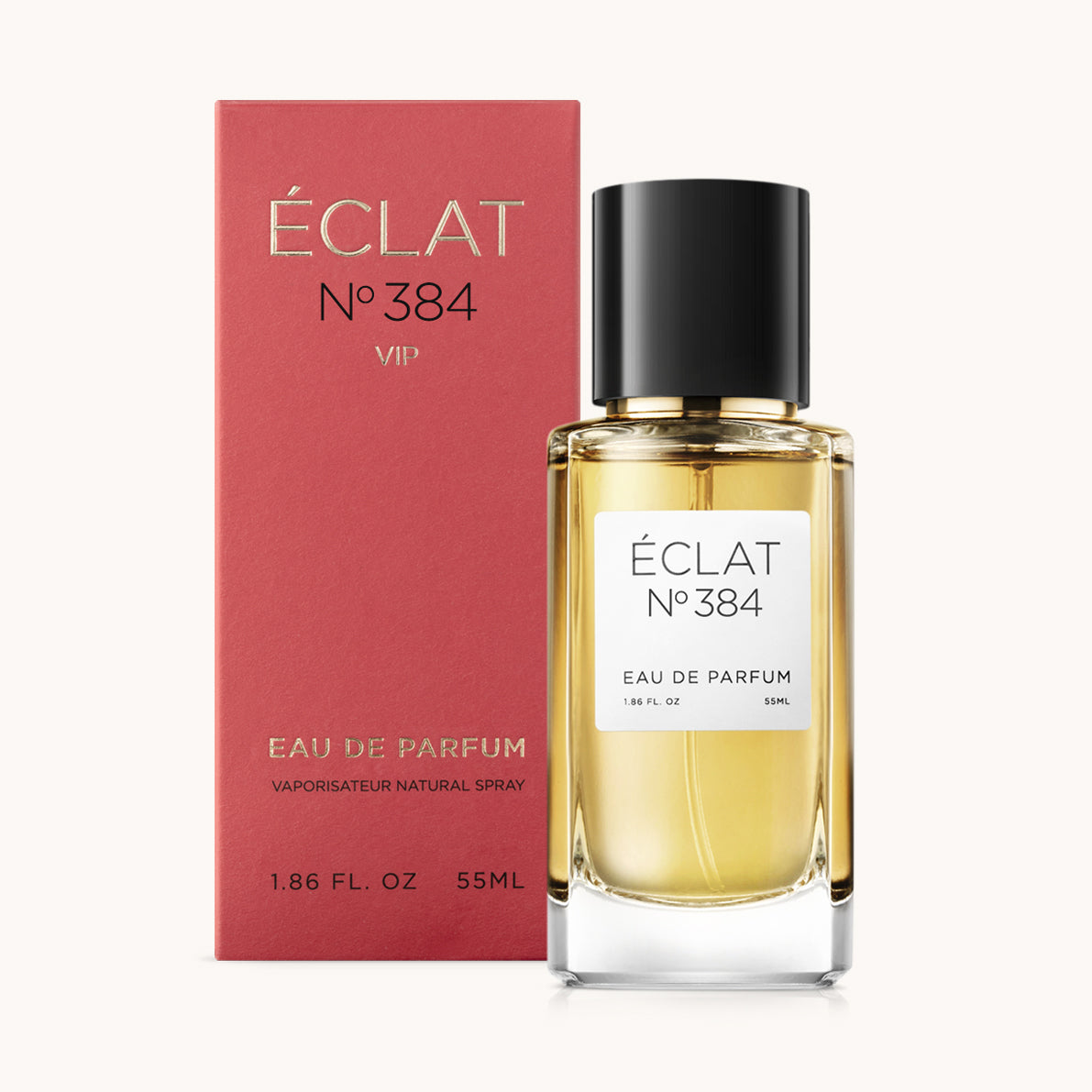 ÉCLAT No. 384 VIP perfume bottle with matching red packaging. The elegant glass flacon features a black cylindrical magnetic cap and a simple white label with the inscription ÉCLAT No. 384 VIP and “Eau de Parfum”.