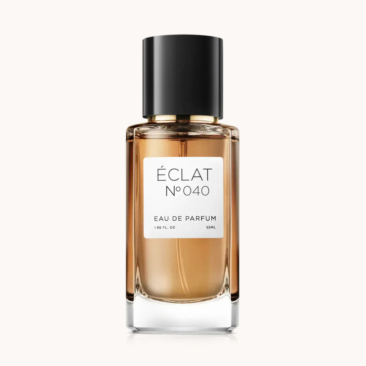 Flacon of the women's fragrance dupe ÉCLAT No. 040 VIP, an elegant transparent glass bottle with a black cylindrical magnetic cap and a white label. The label features the brand name ÉCLAT, the number 040 VIP, and the words “Eau de Parfum”.