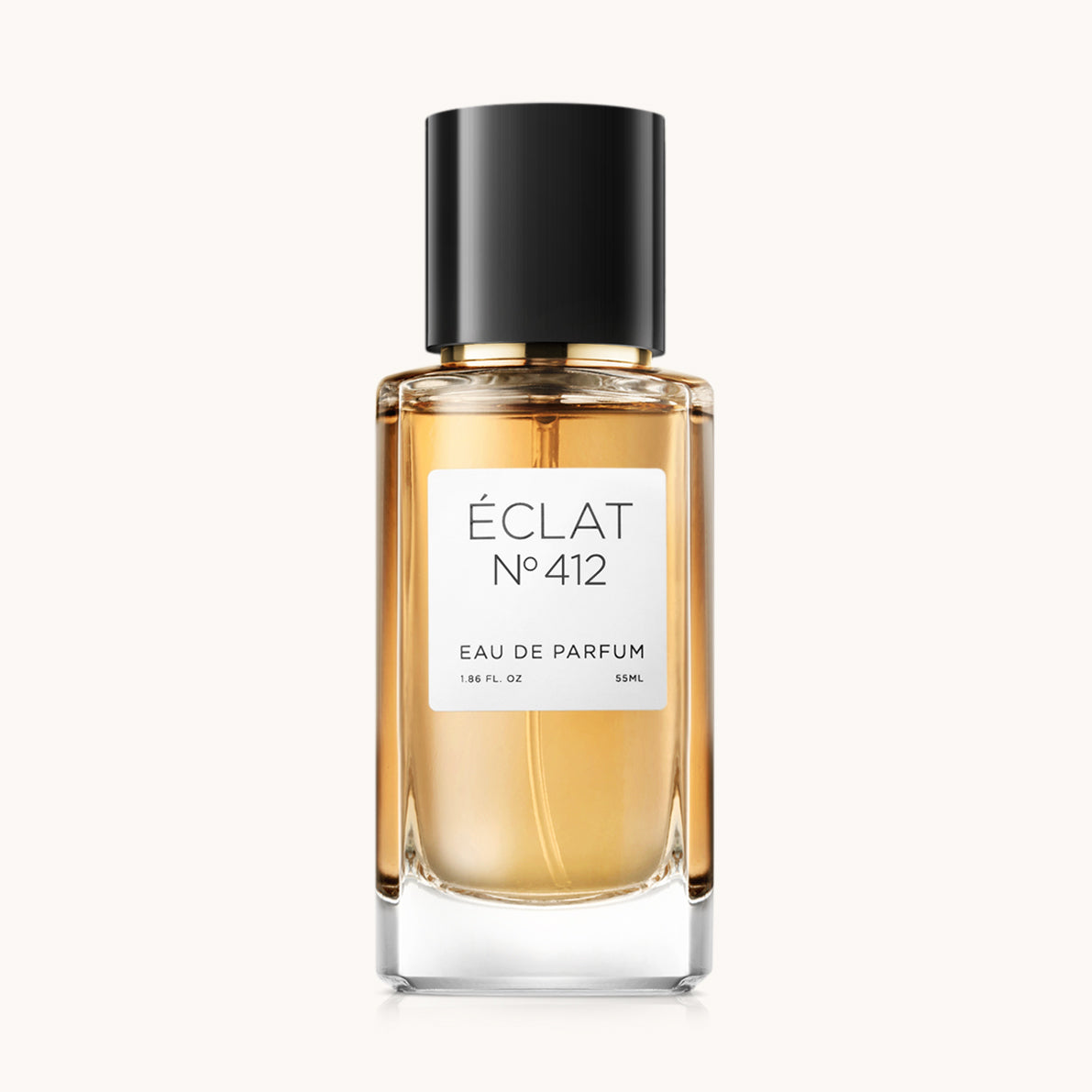 Flacon of the women's perfume dupe ÉCLAT No. 412 RAR, an elegant transparent glass bottle with a black cylindrical magnetic cap and a white label. The label features the brand name ÉCLAT, the number 412 RAR, and the words “Eau de Parfum”.