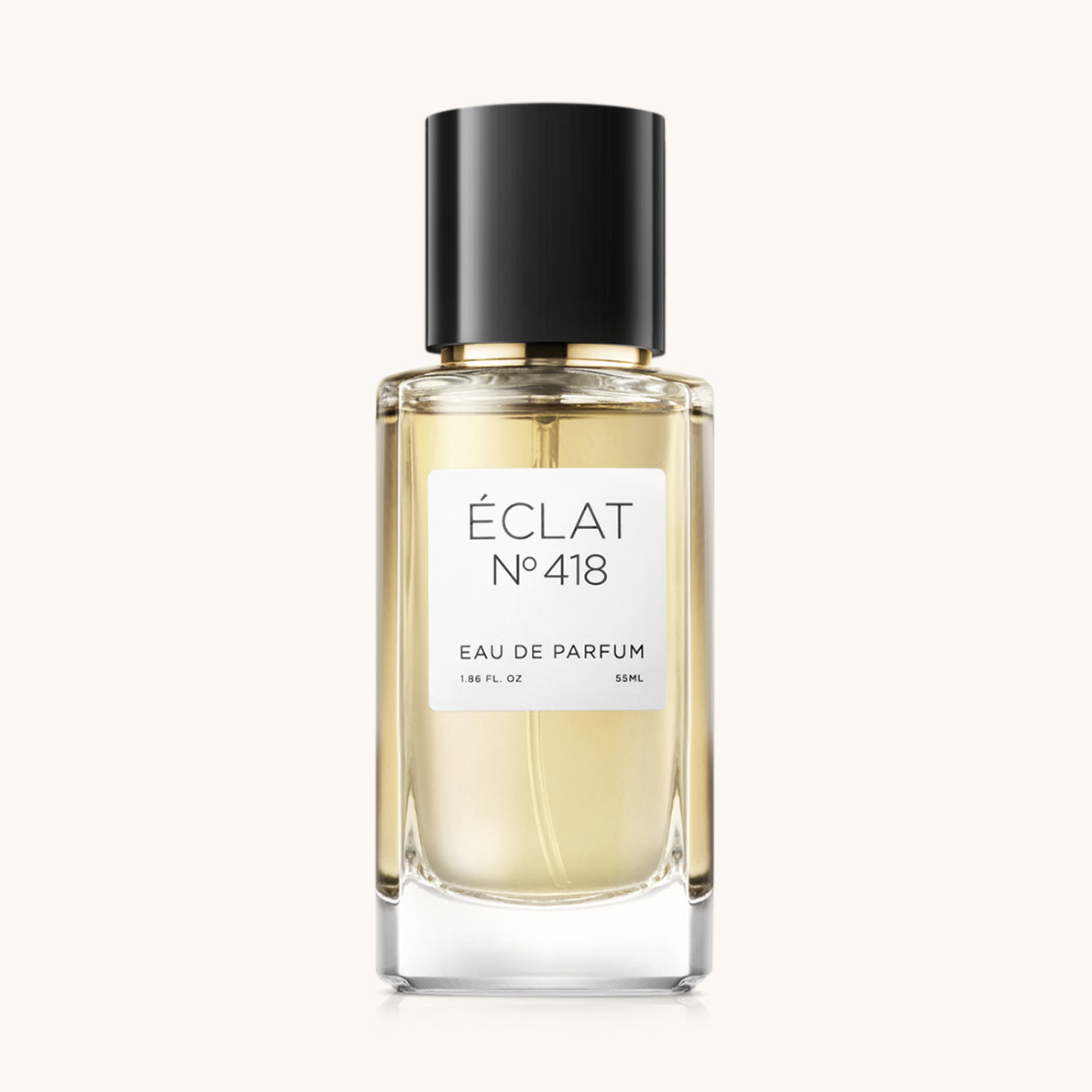 Flacon of the women's perfume dupe ÉCLAT No. 418, an elegant transparent glass bottle with a black cylindrical magnetic cap and a white label. The label features the brand name ÉCLAT, the number 418, and the words “Eau de Parfum”.