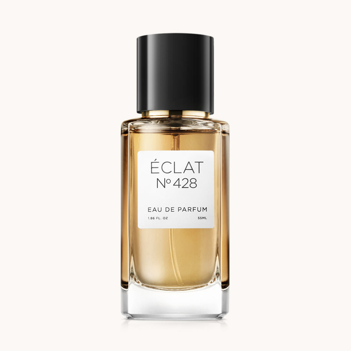 Flacon of the women's perfume dupe ÉCLAT No. 428, an elegant transparent glass bottle with a black cylindrical magnetic cap and a white label. The label features the brand name ÉCLAT, the number 428, and the words “Eau de Parfum”.