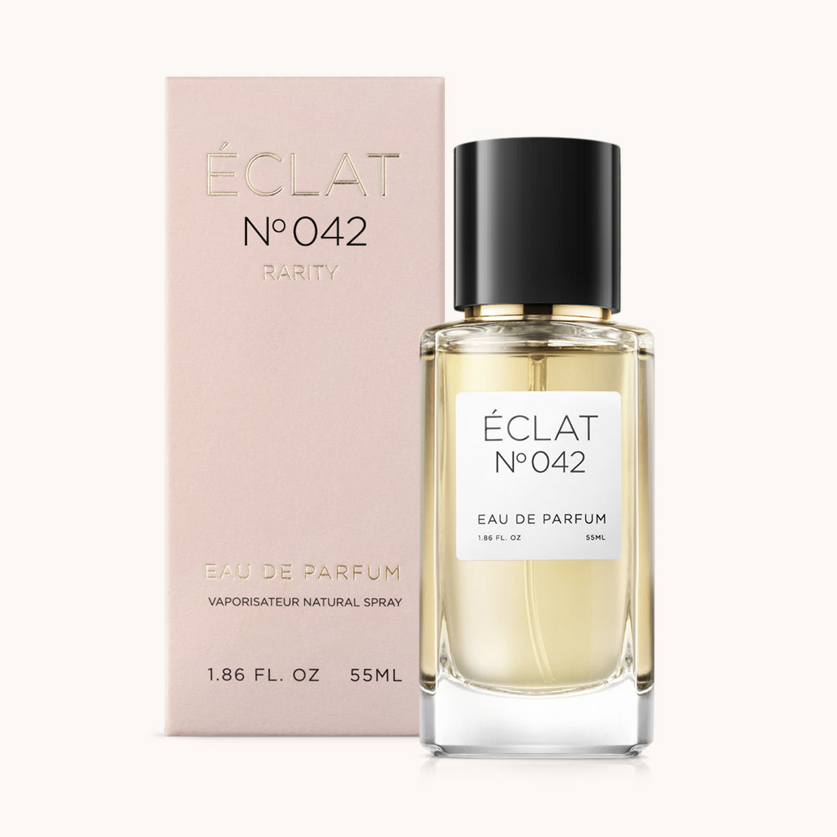 ÉCLAT No. 042 RAR perfume bottle with matching pink packaging. The elegant glass flacon features a black cylindrical magnetic cap and a simple white label with the inscription ÉCLAT No. 042 RAR and “Eau de Parfum”.