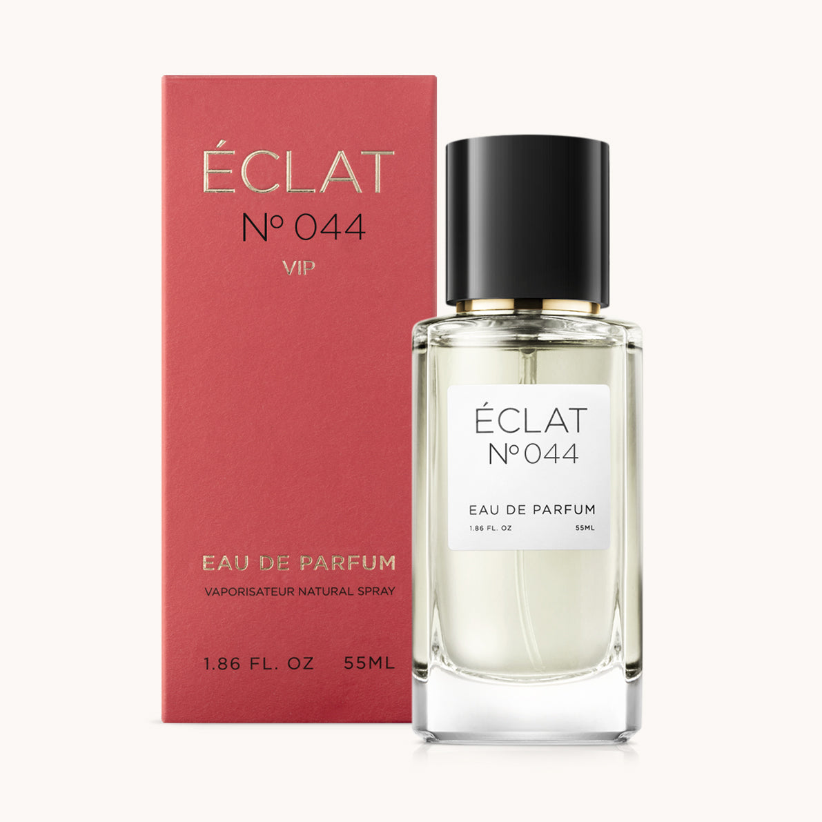 ÉCLAT No. 044 VIP perfume bottle with matching red packaging. The elegant glass flacon features a black cylindrical magnetic cap and a simple white label with the inscription ÉCLAT No. 044 VIP and “Eau de Parfum”.