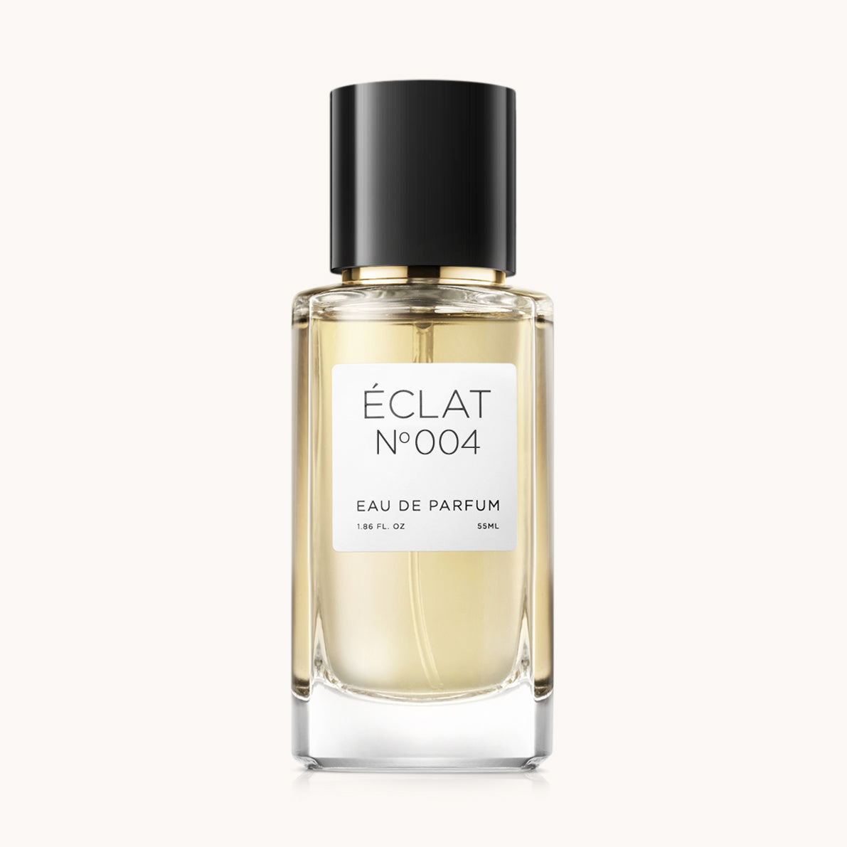Flacon of the women's perfume dupe ÉCLAT No. 004 RAR, an elegant transparent glass bottle with a black cylindrical magnetic cap and a white label. The label features the brand name ÉCLAT, the number 004 RAR, and the words “Eau de Parfum”.