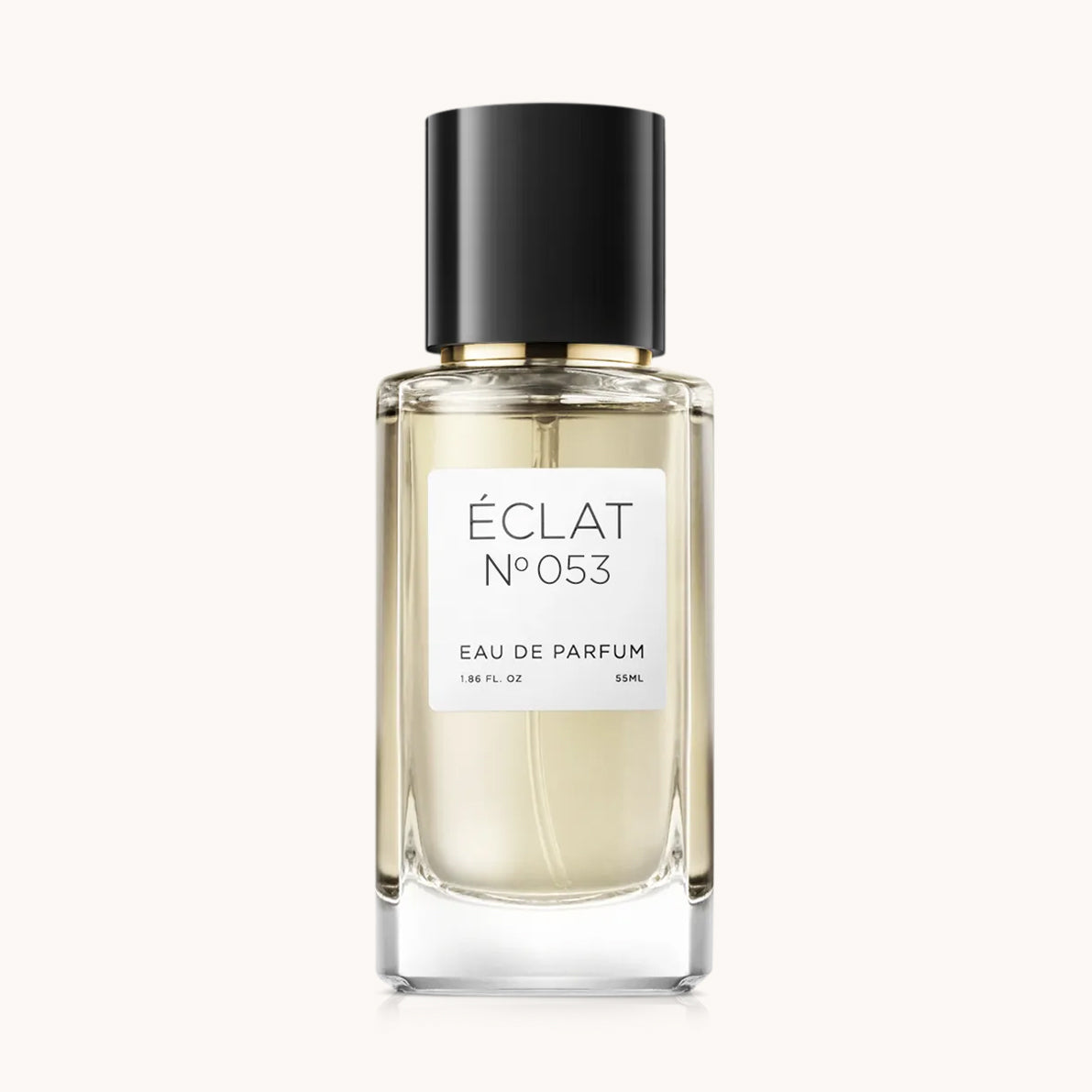 Flacon of the women's perfume dupe ÉCLAT No. 053, an elegant transparent glass bottle with a black cylindrical magnetic cap and a white label. The label features the brand name ÉCLAT, the number 053, and the words “Eau de Parfum”.