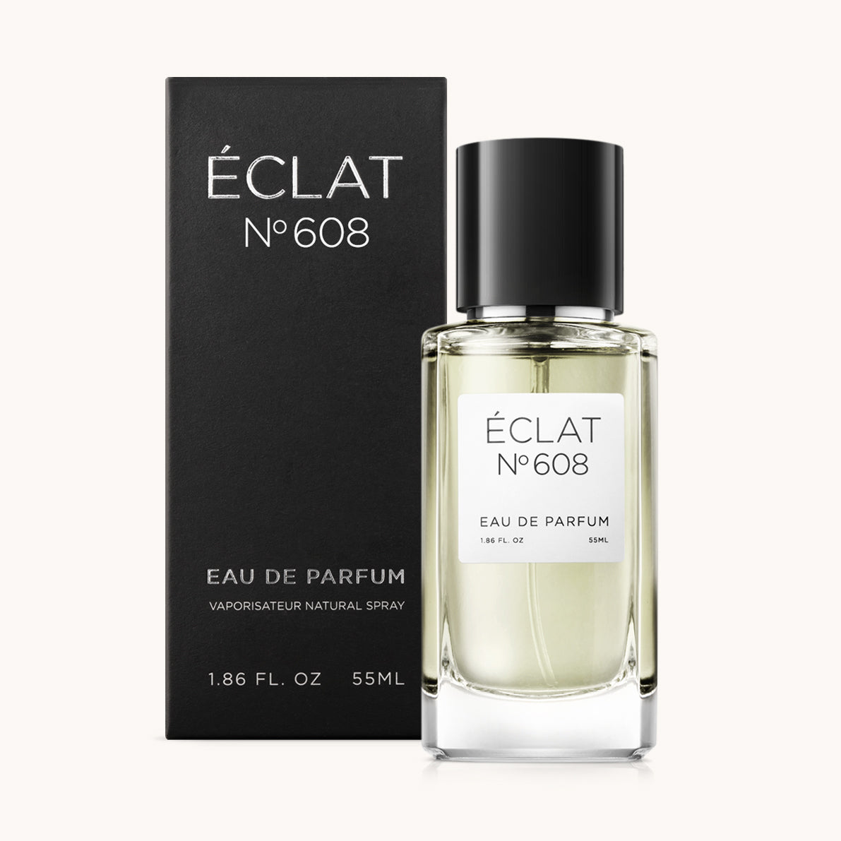 ÉCLAT No. 608 men’s perfume bottle with matching black packaging. The elegant flacon features a black cylindrical magnetic cap and a clean white label with the inscription ÉCLAT No. 608 and “Eau de Parfum”.