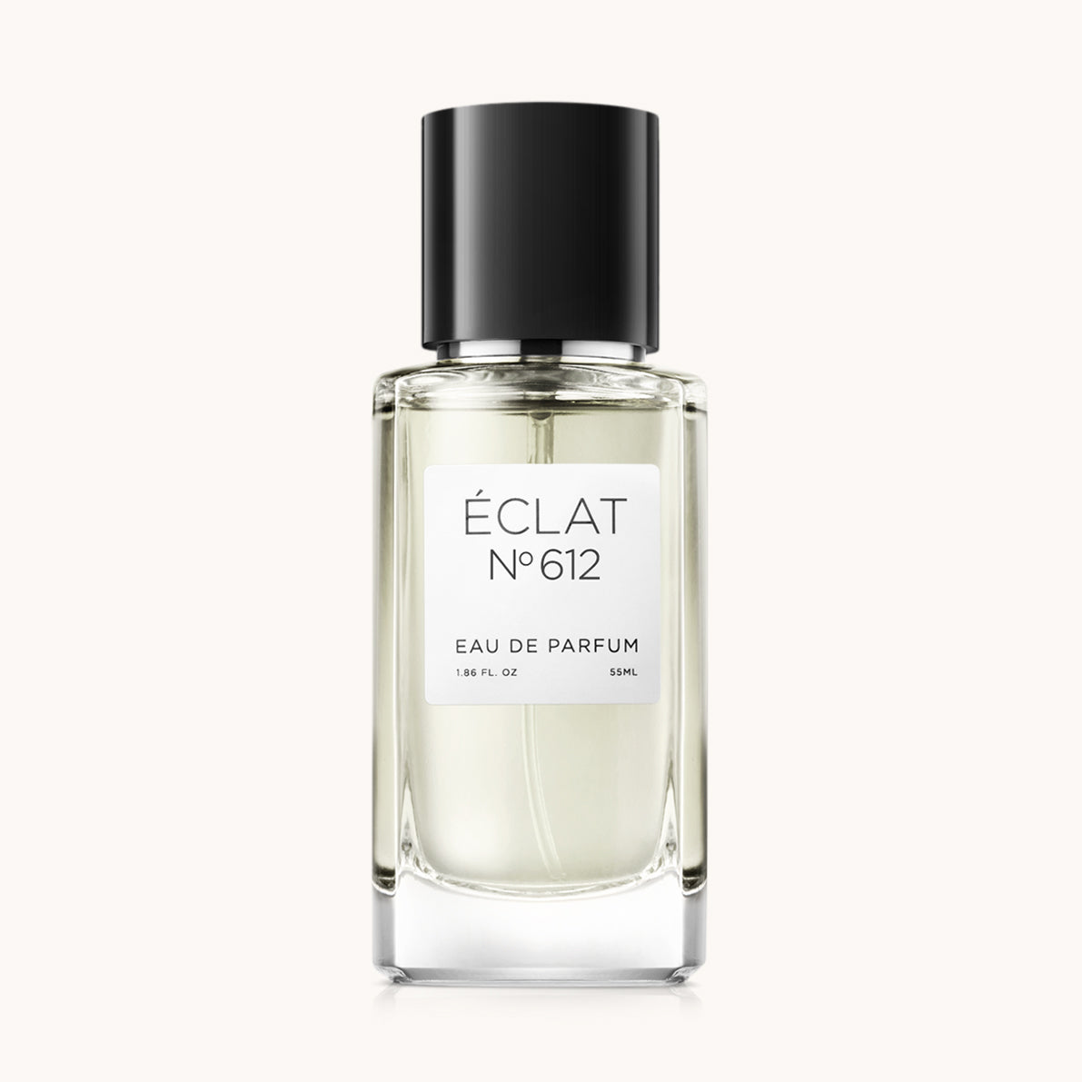 Flacon of the men’s perfume dupe ÉCLAT No. 612, an elegant transparent glass bottle with a black cylindrical magnetic cap and a minimalist white label. The label displays the brand name ÉCLAT, the number 612, and the phrase “Eau de Parfum”.