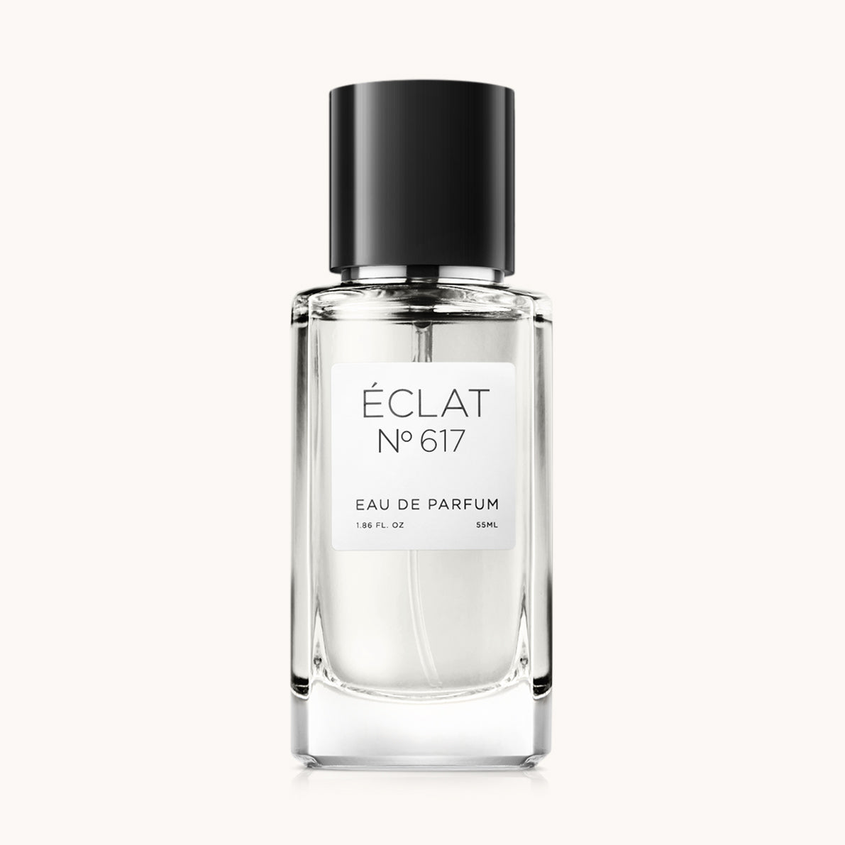 Flacon of the men’s perfume dupe ÉCLAT No. 617 RAR, an elegant transparent glass bottle with a black cylindrical magnetic cap and a minimalist white label. The label displays the brand name ÉCLAT, the number 617 RAR, and the phrase “Eau de Parfum”.