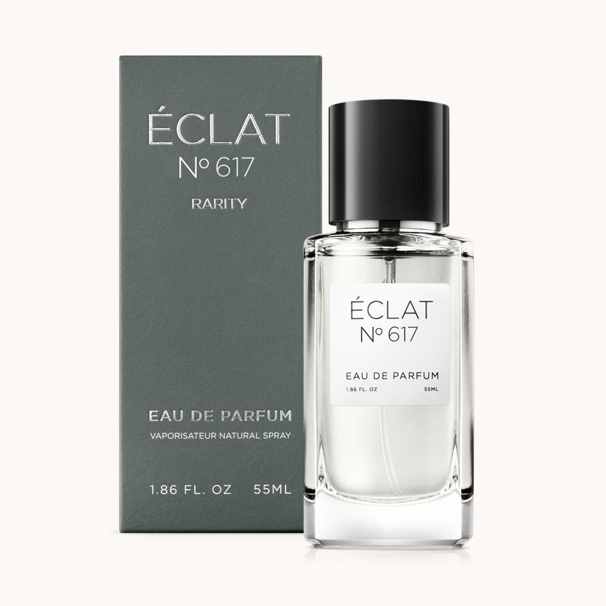 ÉCLAT No. 617 RAR men’s perfume bottle with matching green packaging. The elegant flacon features a black cylindrical magnetic cap and a clean white label with the inscription ÉCLAT No. 617 RAR and “Eau de Parfum”.