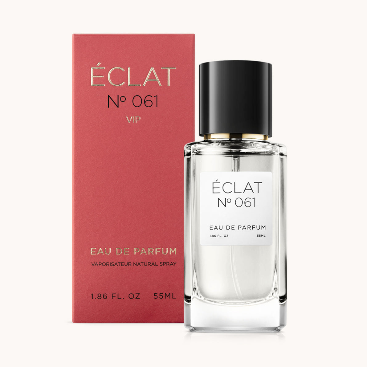 ÉCLAT No. 061 VIP perfume bottle with matching red packaging. The elegant glass flacon features a black cylindrical magnetic cap and a simple white label with the inscription ÉCLAT No. 061 VIP and “Eau de Parfum”.