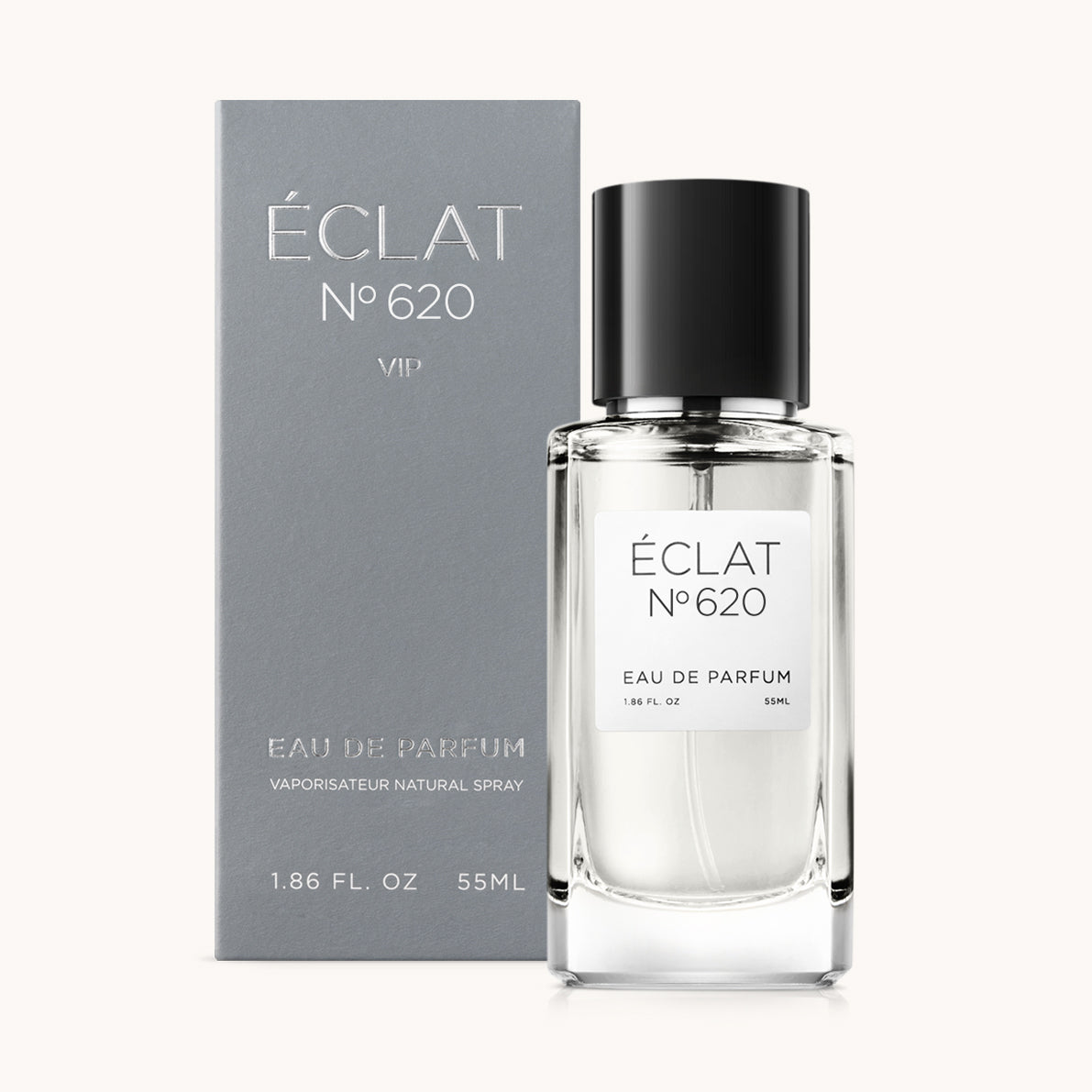 ÉCLAT No. 620 VIP men’s perfume bottle with matching bluish-grey packaging. The elegant flacon features a black cylindrical magnetic cap and a clean white label with the inscription ÉCLAT No. 620 VIP and “Eau de Parfum”.