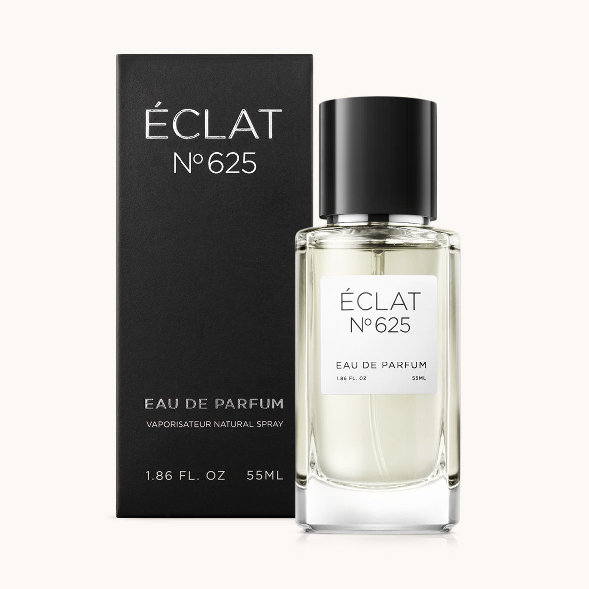 ÉCLAT No. 625 men’s perfume bottle with matching black packaging. The elegant flacon features a black cylindrical magnetic cap and a clean white label with the inscription ÉCLAT No. 625 and “Eau de Parfum”.