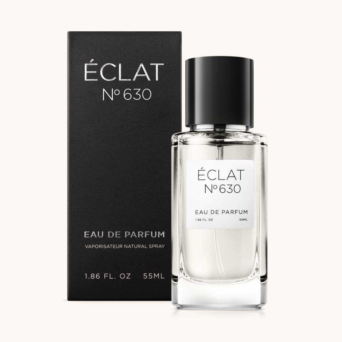 ÉCLAT No. 630 men’s perfume bottle with matching black packaging. The elegant flacon features a black cylindrical magnetic cap and a clean white label with the inscription ÉCLAT No. 630 and “Eau de Parfum”.